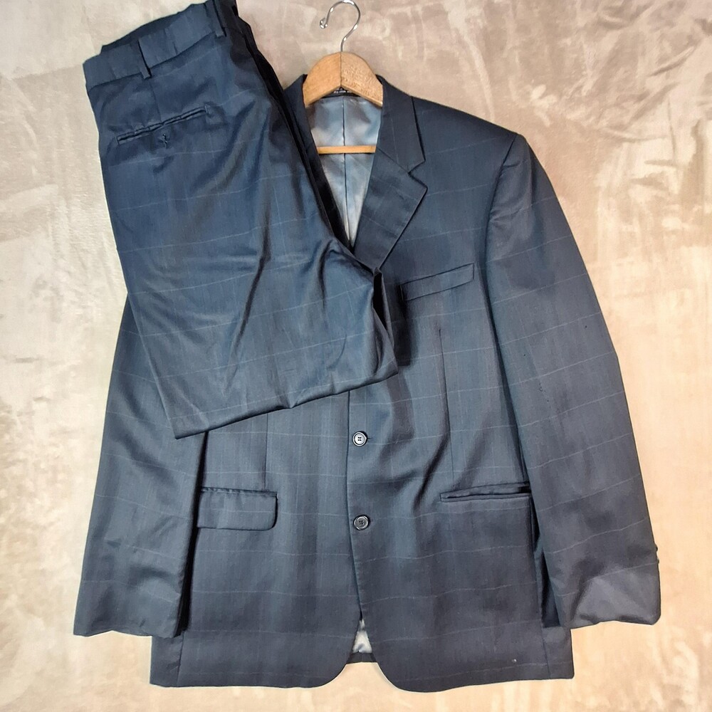 Andrew Fezza Suit Mens 44 Long Gray Wool Plaid Ventless 2 Button 2 Piece 36x30